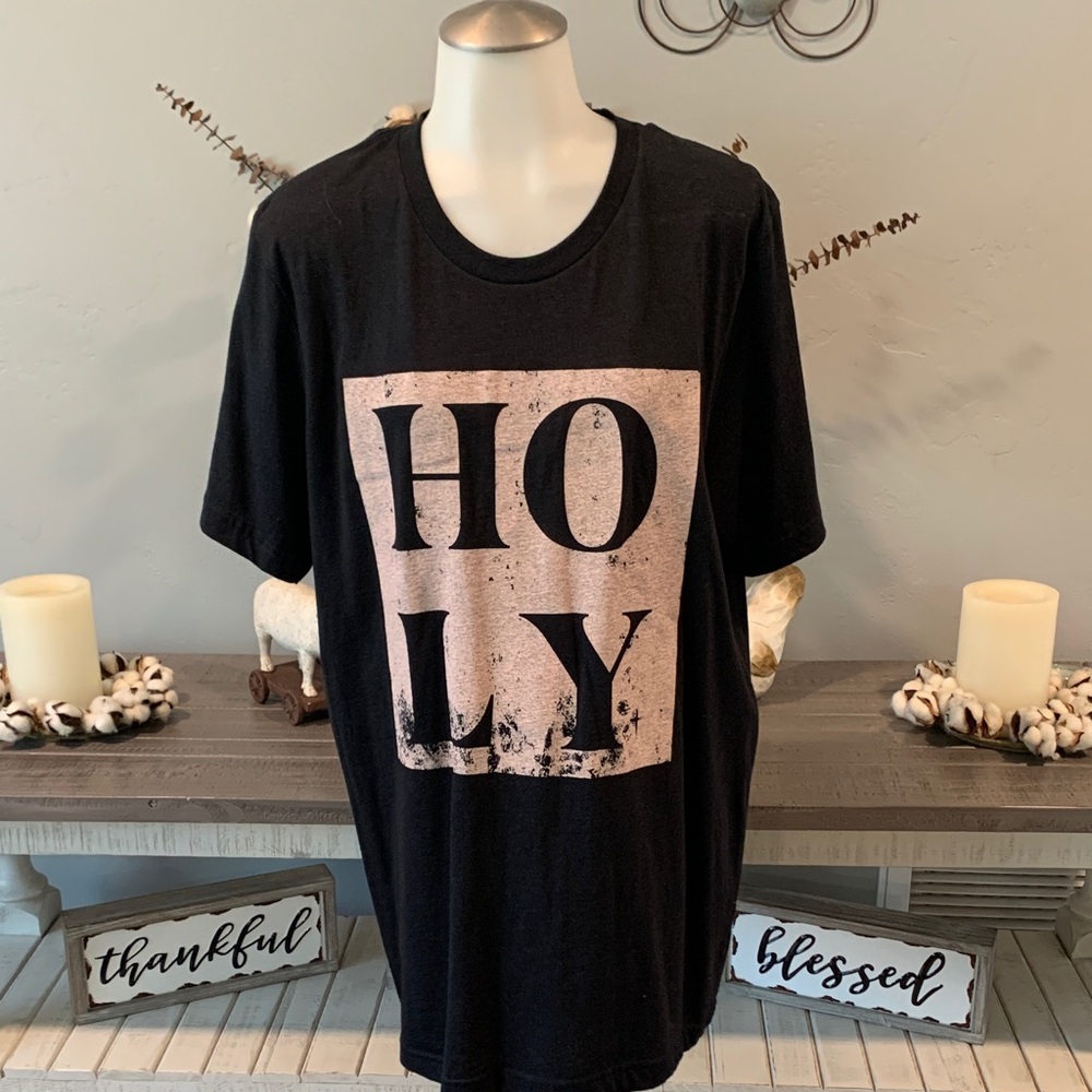 Women's Black Graphic Tee with 'HO LY' Design